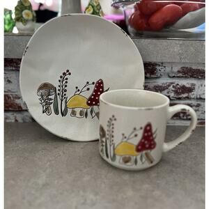Hand Painted Mushroom Plate & Matching Mug Hobo Hippie Cottage Core Fairy Decor